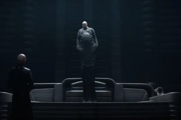 Stellan Skarsgard as Baron Vladimir Harkonnen suspended in the air in Dune Part One.