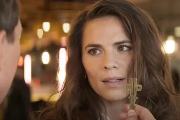 Hayley Atwell in Mission Impossible, with a key next to her face