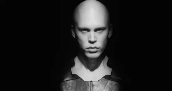 Austin Butler as a hairless Feyd-Rautha Harkonnen in black-and-white image from Dune: Part Two.