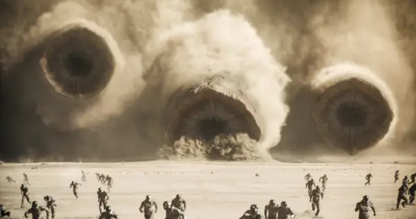 Sandworms crashing through sand in Dune: Part Two.