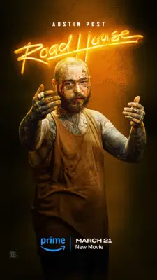 Austin Post as Carter beckoning someone to come closer in a poster for Road House.