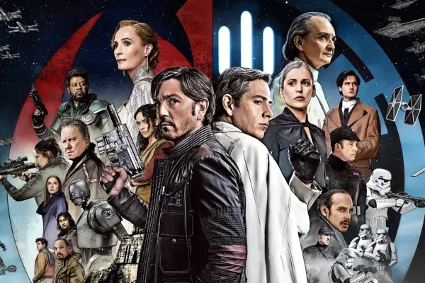Andor season 2 cast separated by those on the left on the side of the resistance, and those on the right on the side of the Empire.