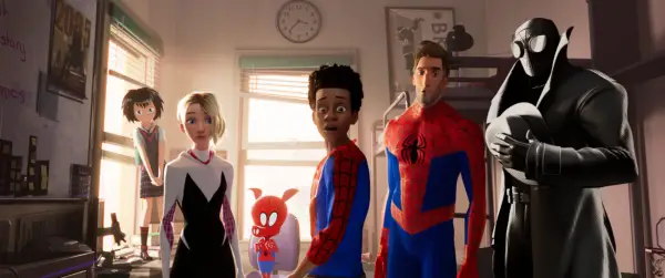 The characters of Spider-Man: Into the Spider-Verse looking just past camera