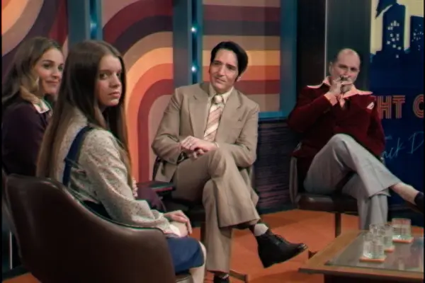 Laura Gordon as June, Ingrid Torelli as Lilly, David Dastmalchian as Jack Delroy and Ian Bliss as Carmichael in Late Night with the Devil