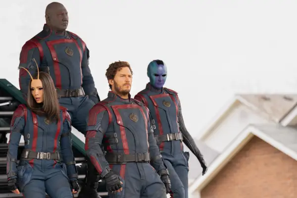 Pom Klementieff as Mantis, Dave Bautista as Drax, Chris Pratt as Peter Quill/Star-Lord, and Karen Gillan as Nebula in Marvel Studios