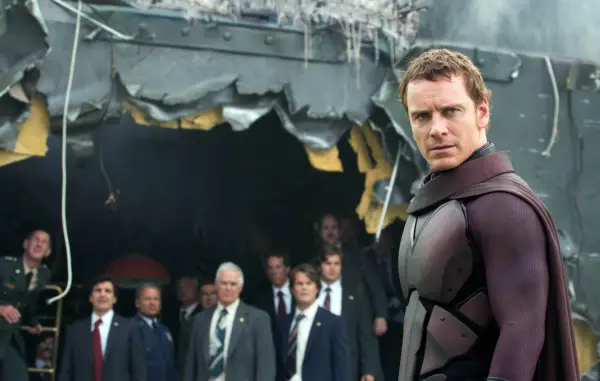 Michael Fassbender as Magneto in Days of Future Past, wearing a purple outfit