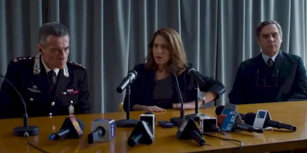 Letizia Ruggeri, played by Isabella Ragonese, at press meeting in Yara