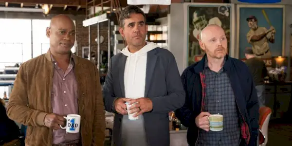 Bokeem Woodbine, Bobby Cannavale, and Bill Burr holding coffee mugs in 