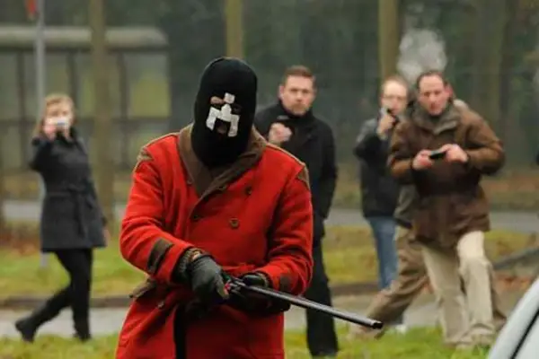 The symbol as seen on a balaclava in the Black Mirror episode White Bear.