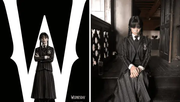 Jenna Ortega as Wednesday Adams in the official poster and behind the scenes (@wednesdaynetflix/Instagram)