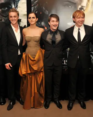 NEW YORK, NY - JULY 11: (L-R) Tom Felton, Emma Watson, Daniel Radcliffe and Rupert Grint attend the