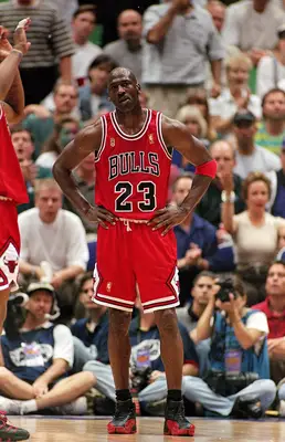 11 Jun 1997: Michael Jordan #23 of the Chicago Bulls stands on the court during game five of the NBA Finals against the Utah Jazz at the Delta Center in Salt Lake City, Utah. The Bulls defeated the Jazz 90-88 . Mandatory Credit: Brian Bahr /Allsport 