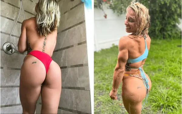 Hannah Goldy Sizzles bikini šaudo fiksuojančią pavardės tatuiruotę, pradėjusi savo vienečius