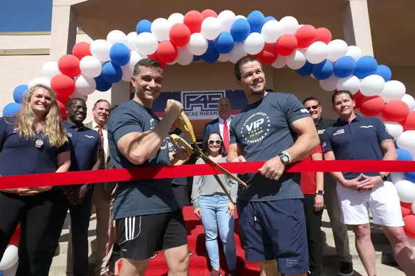 SAN DIEGO, CALIFORNIA - JUNE 11: Colonel Charles B. Dockery and Mark Wahlberg attend the opening of F45 Training at Miramar MCAs, the first fitness franchise on a US military base on June 11, 2021 in San Diego, California. (Photo by Phillip Faraone/Getty Images for F45 Training) 