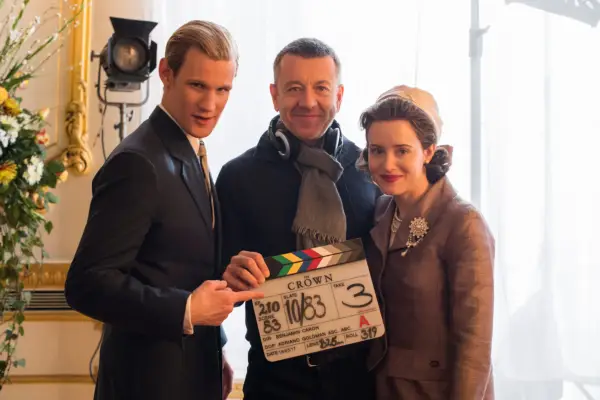 The Crown - Matt Smith, Peter Morgan, Claire Foy - Writer/Creator Peter Morgan with Matt Smith (Prince Philip) and Claire Foy (Queen Elizabeth II) (Netflix, TL)