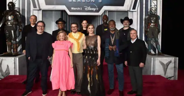 (L-R) The Walt Disney Company CEO Bob Iger, Showrunner/Executive Producer Jon Favreau, Giancarlo Esposito, Amy Sedaris, Pedro Pascal, Emily Swallow, Katee Sackhoff, Executive Producer Rick Famuyiwa, Carl Weathers, Executive Producer Dave Filoni and Alan Bergman, Co-Chairman of Disney Entertainment attend the Mandalorian special launch event at El Capitan Theatre in Hollywood, California on February 28, 2023. (Photo by Alberto E. Rodriguez/Getty Images for Disney)