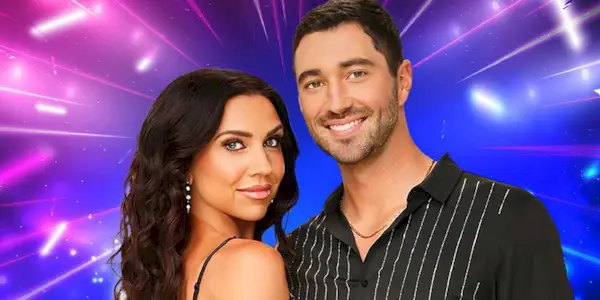 Joey Graziadei and Jenna Johnson next to each other for a Bargelheuser interview about 