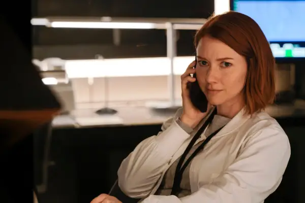 Valorie Curry in The Lost Symbol, holding a phone and looking at the camera
