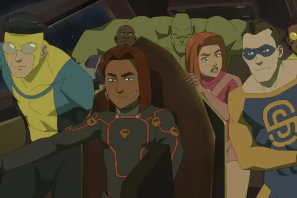 Invincible season 2 still showing the heroes in the cockpit of a ship