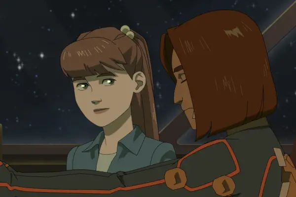 Invincible season 2 showing two characters looking stressed in a space ship