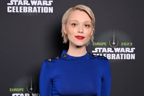 Ivanna Sakhno attends the Ahsoka panel at Start Wars Celebration 2023 in London, wearing a blue top and looking into camera