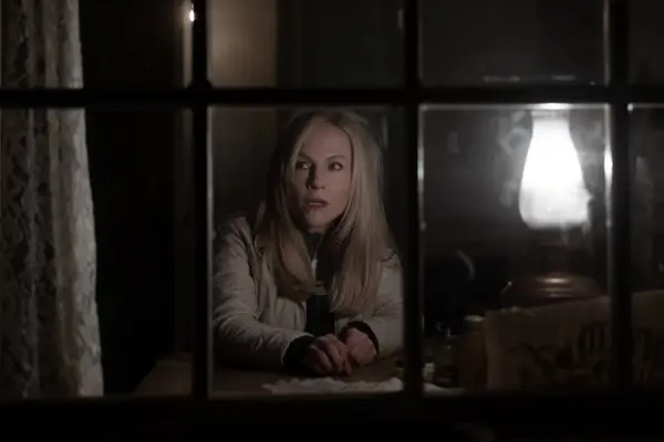 Rachael Harris as Nora in Goosebumps looking out a window with a lamp on.