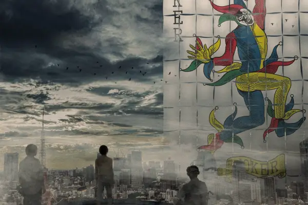 Alice in Borderlands still showing people looking up at a giant Joker card