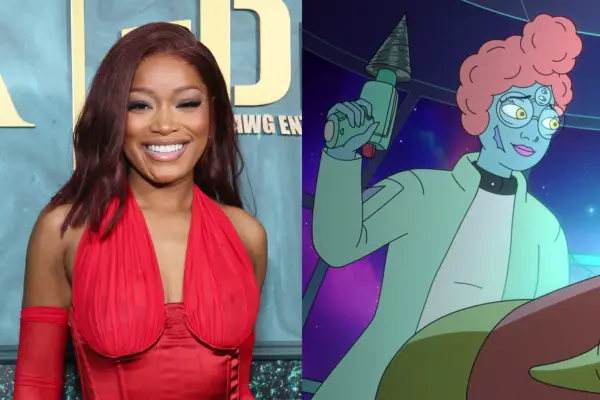 On the left, Keke Palmer wears a red dress at an event / On the right, her character from The Second Best Hospital in the Galaxy performs surgery