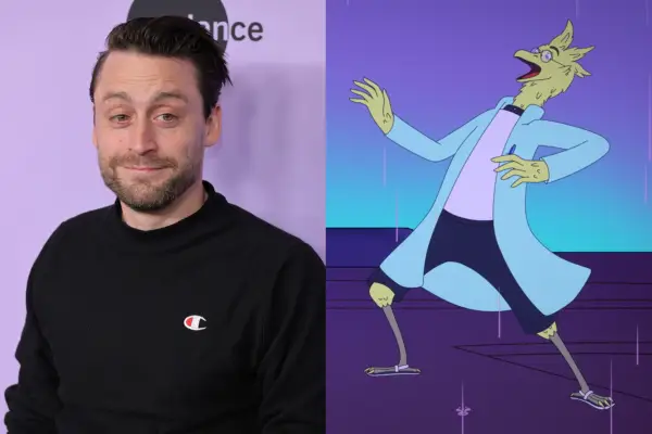 On the left, Kieran Culkin photographed in a black t-shirt at Sundance Film Festival / On the right, his character in The Second Best Hospital in the Galaxy