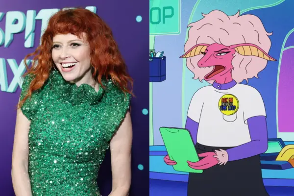 On the left, Natasha Lyonne smiles in a green dress at The Second Best Hospital in the Galaxy premiere / On the right, her character in the show holds a clipboard