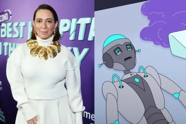 On the left, Maya Rudolph wears white and gold at The Second Best Hospital in the Galaxy premiere / On the right, her robotic character in the show