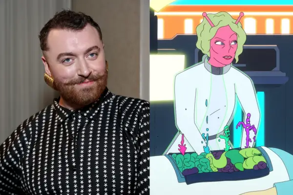 On the left, Sam Smith wears a black top with white stars and gold earrings / On the right, their character in The Second Best Hospital in the Galaxy performs surgery