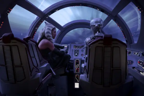 Rosario Dawson as Ahsoka Tano and Huyang the droid, voiced by David Tennant, looking at each other