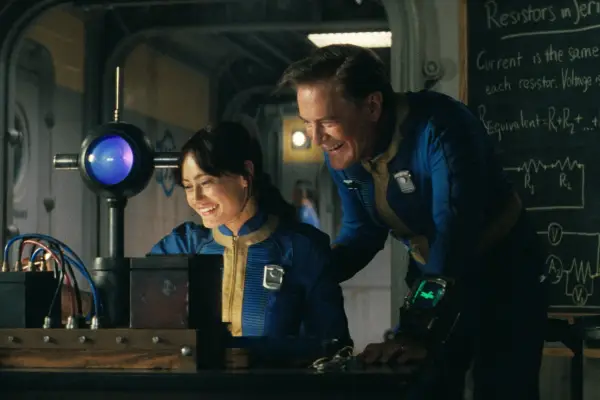 Fallout series still showing two people in blue and yellow jumpsuits smiling