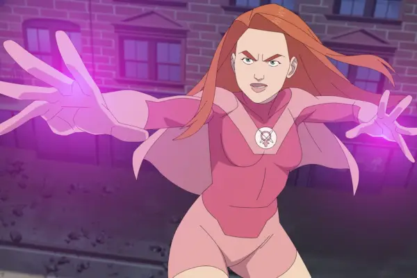Gillian Jacobs (Atom Eve) in Invincible season 2 wearing a pink super outfit using her powers