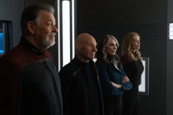 Jeri Ryan as Seven of Nine, Patrick Stewart as Picard, Gates McFadden as Dr. Beverly Crusher and Jonathan Frakes as Will Riker in Star Trek: Picard