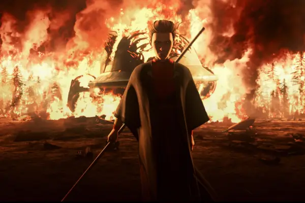 Morgan Elsbeth holds her staff and walks away from a blazing fire behind her