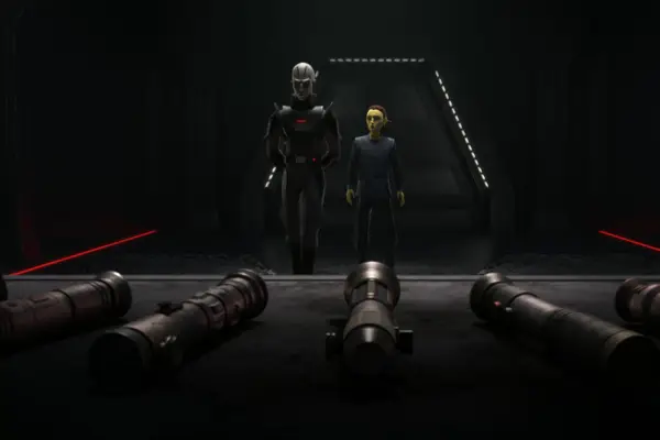 Barriss Offee walks alongside the Grand Inquisitor towards a table with several lightsabers strewn across it