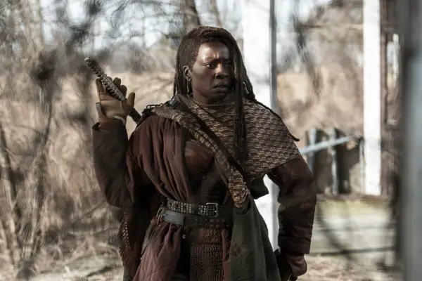 Danai Gurira as Michonne in The Walking Dead: The Ones Who Livein a brown outfit with sword