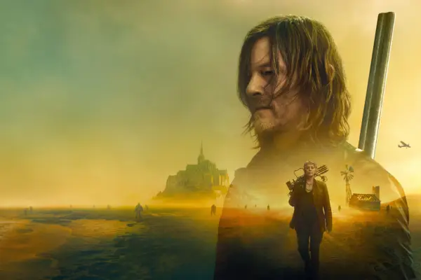 Kay art for The Walking Dead: Daryl Dixon - The Book of Carol, with Carol walking across a barren landscape and a big image of Daryl superimposed above her, with a shotgun strapped to his back