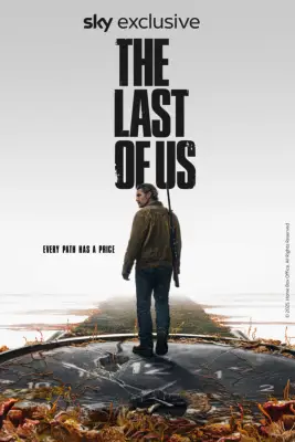 Pedro Pascal as Joel in The Last of Us season 2 poster. He has his back to us walking along a path, with a giant clock face under him.