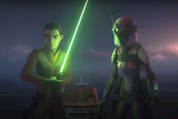 Ezra Bridger and Sabine Wren in Star Wars: Rebels, with Ezra holding a green lightsaber and Sabine wearing Mandalorian armour