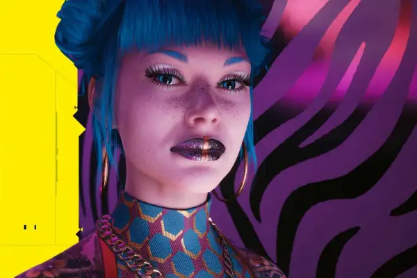 Official imagery for Cyberpunk 2077, showing a woman with blue hair