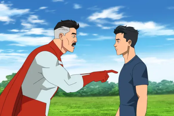JK Simmons and Steven Yeun as Omni-Man and Mark Grayson in Invincible arguing
