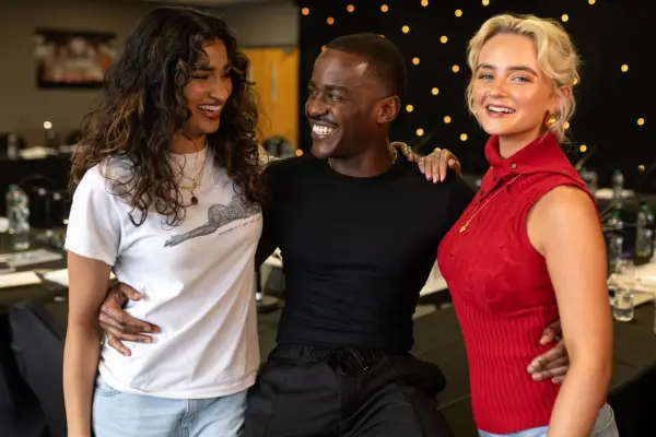 Varada Sethu, Ncuti Gatwa and Millie Gibson at a Doctor Who table read