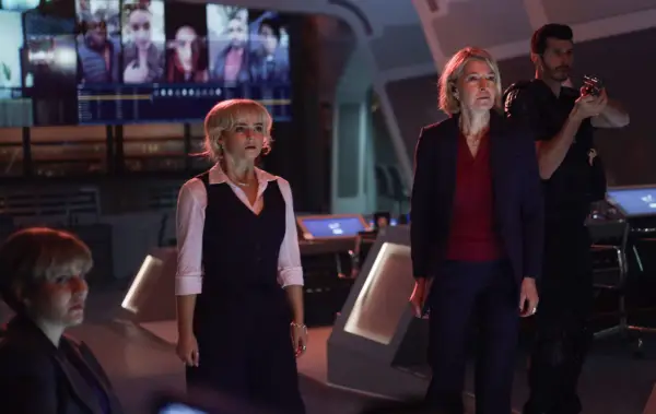 Millie Gibson as Ruby Sunday and Jemma Redgrave as Kate Stewart in Doctor Who stood in a control room looking shocked