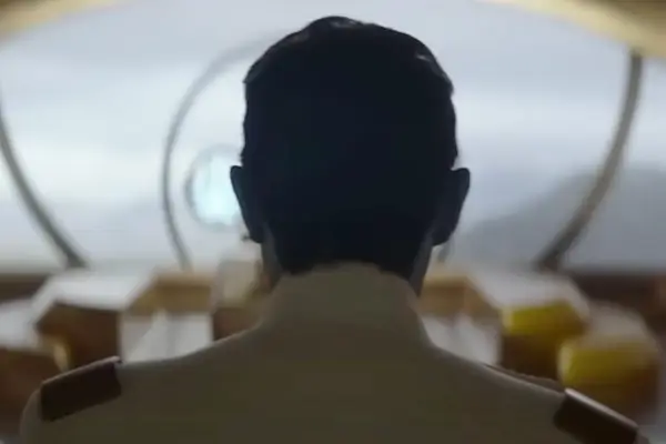 A rear view of Lars Mikkelsen as Grand Admiral Thrawn in Ahsoka.