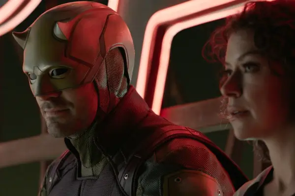 Vincent D’Onofrio as Wilson Fisk/Kingpin and Alaqua Cox as Maya Lopez in Echo sitting together at a table