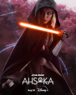 Ivanna Sakhno as Shin Hati holding a red lightsaber while wearing a hood in Ahsoka.