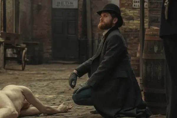 Kyle Soller as DI Hillinghead in Bodies crouched by a body